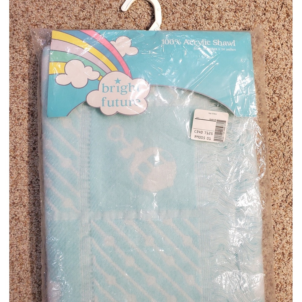 Vintage Bright Future 100% Acrylic Shawl Blue Baby Boy Blanket 36x50 Rattle NIP
